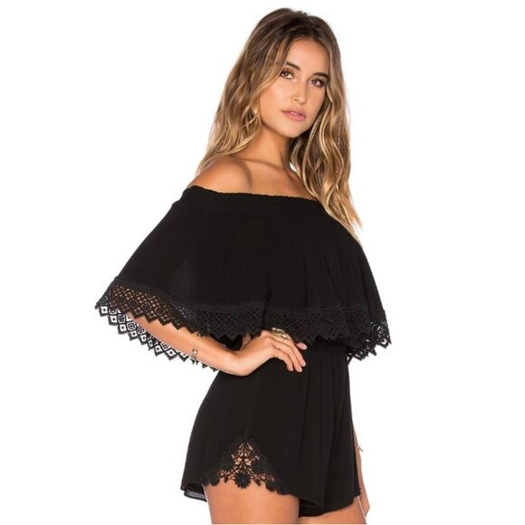 Show Me Your Mumu Rosarita Off Shoulder Lace Romper Black Boho Size Small - Picture 2 of 6